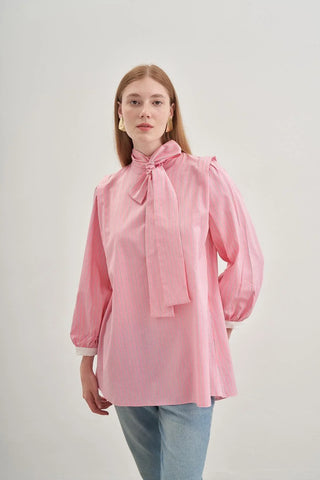 Seyyar Fularlı Kadın Gömlek Çizgili Pembe - Fahhar Design