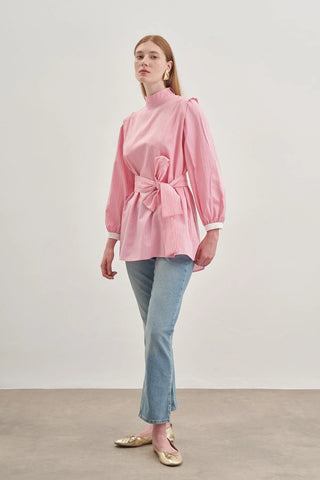 Seyyar Fularlı Kadın Gömlek Çizgili Pembe - Fahhar Design