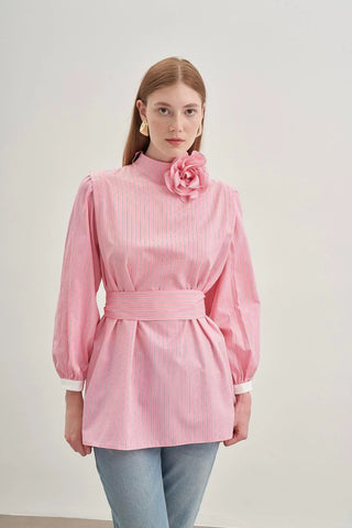Seyyar Fularlı Kadın Gömlek Çizgili Pembe - Fahhar Design