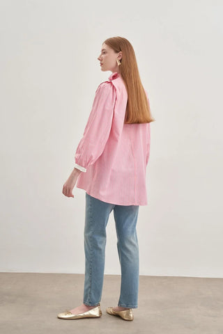 Seyyar Fularlı Kadın Gömlek Çizgili Pembe - Fahhar Design