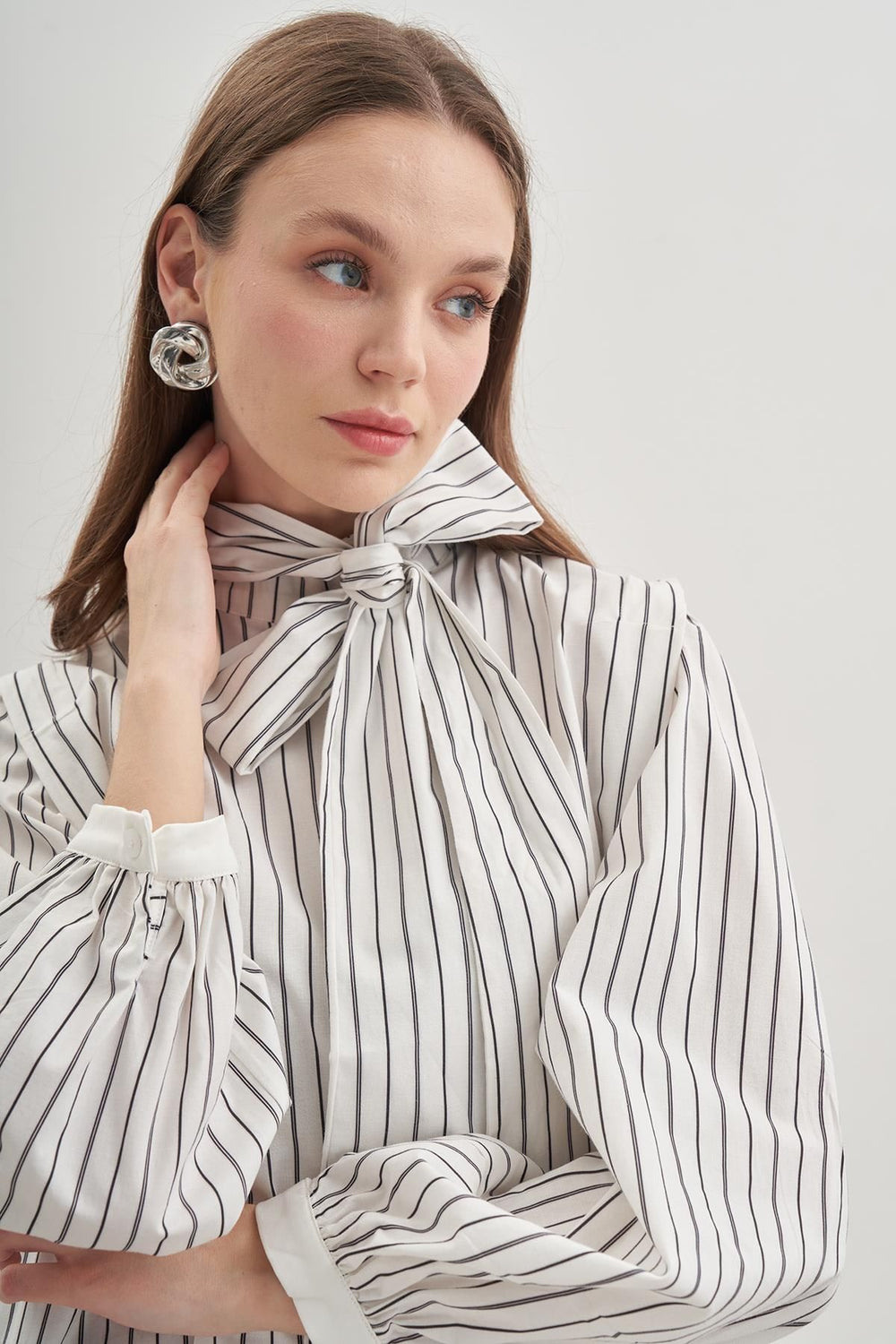 Removable Scarf Women's Shirt Striped Black