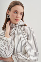 Removable Scarf Women's Shirt Striped Black