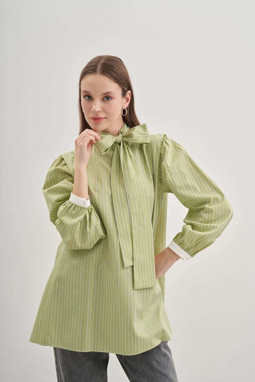 Striped Green Women's Shirt with Removable Scarf
