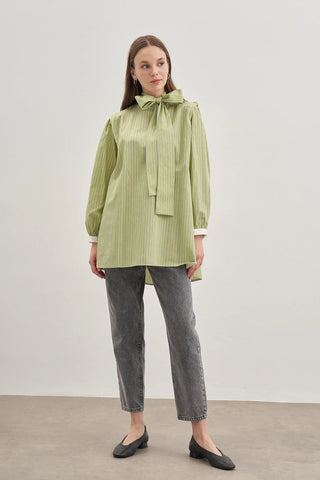 Seyyar Fularlı Kadın Gömlek Çizgili Yeşil - Fahhar Design