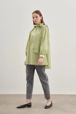 Seyyar Fularlı Kadın Gömlek Çizgili Yeşil - Fahhar Design