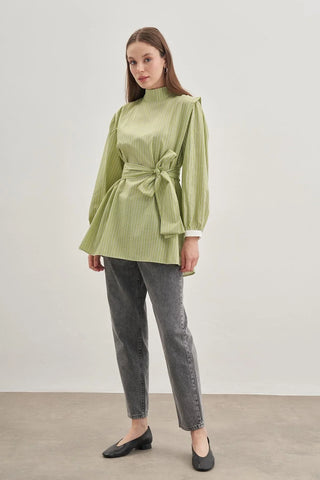 Seyyar Fularlı Kadın Gömlek Çizgili Yeşil - Fahhar Design