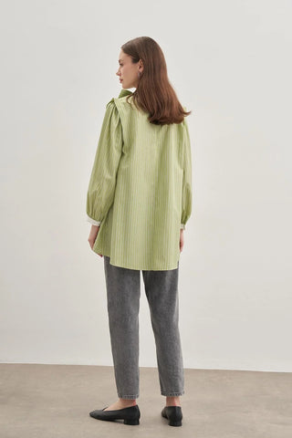 Seyyar Fularlı Kadın Gömlek Çizgili Yeşil - Fahhar Design