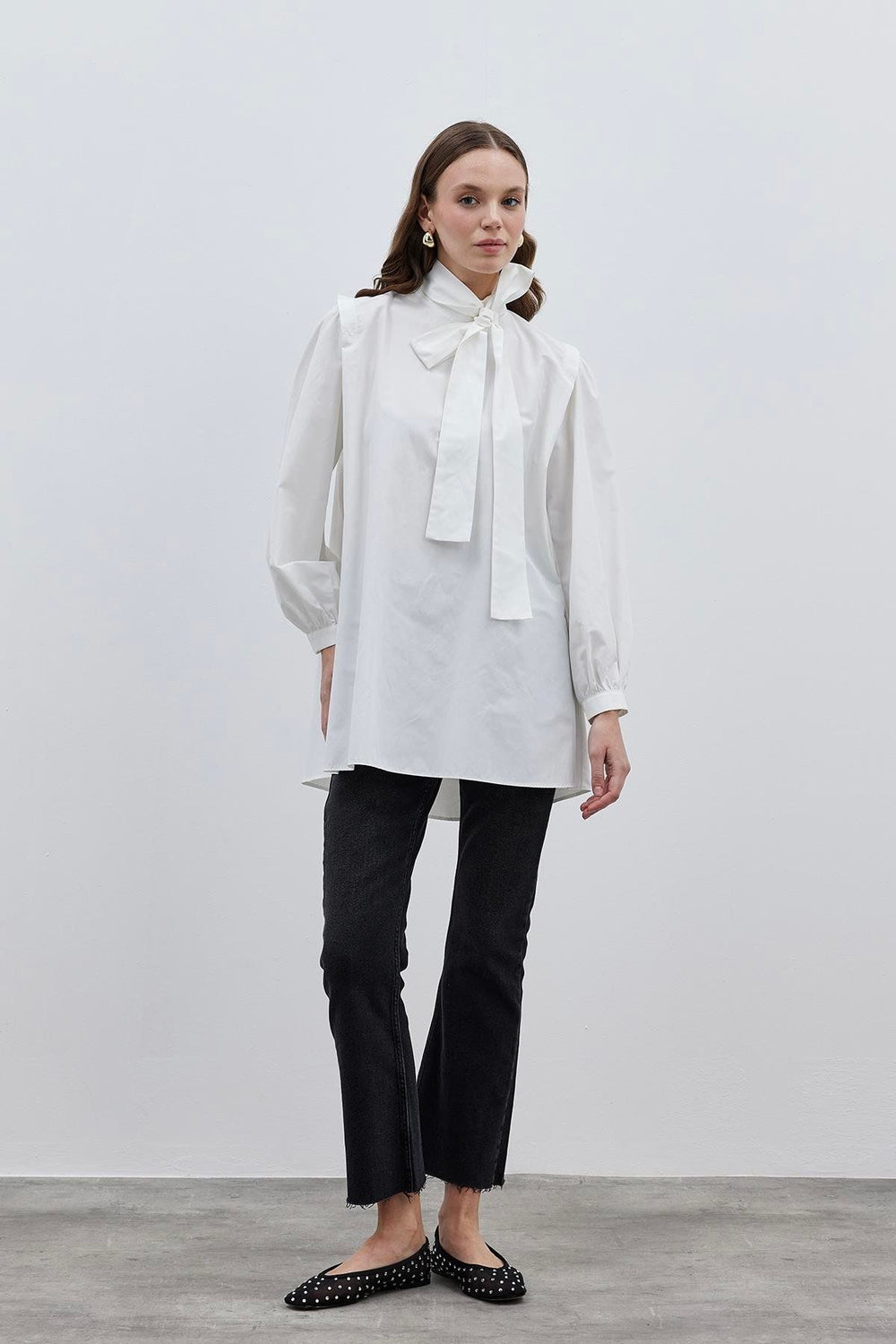 Women's Shirt with Removable Scarf, Ecru