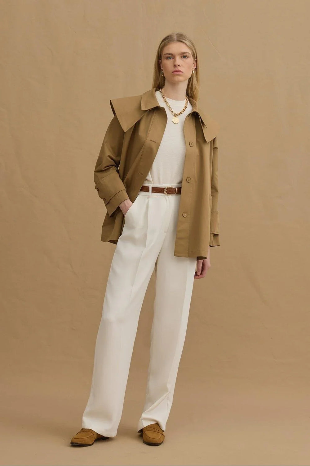 Removable Collar Trench Coat Camel