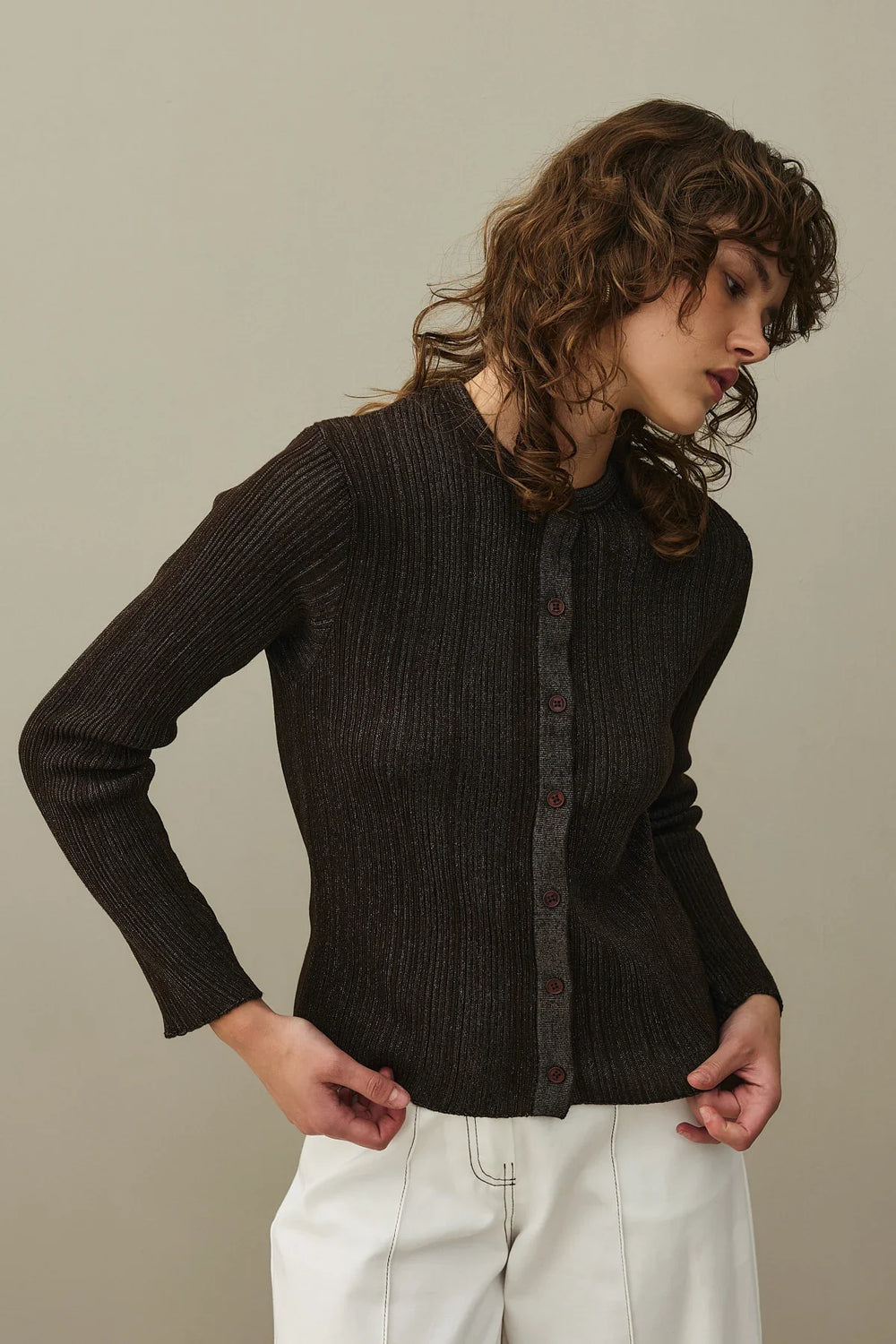 Glittery Ribbed Cardigan Brown