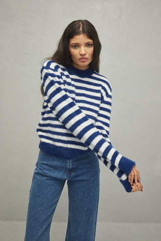 Soft Çizgili Crop Kazak Mavi - Fahhar Design