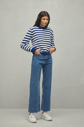 Soft Çizgili Crop Kazak Mavi - Fahhar Design