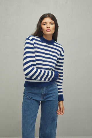 Soft Çizgili Crop Kazak Mavi - Fahhar Design