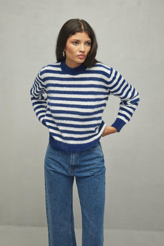 Soft Çizgili Crop Kazak Mavi - Fahhar Design
