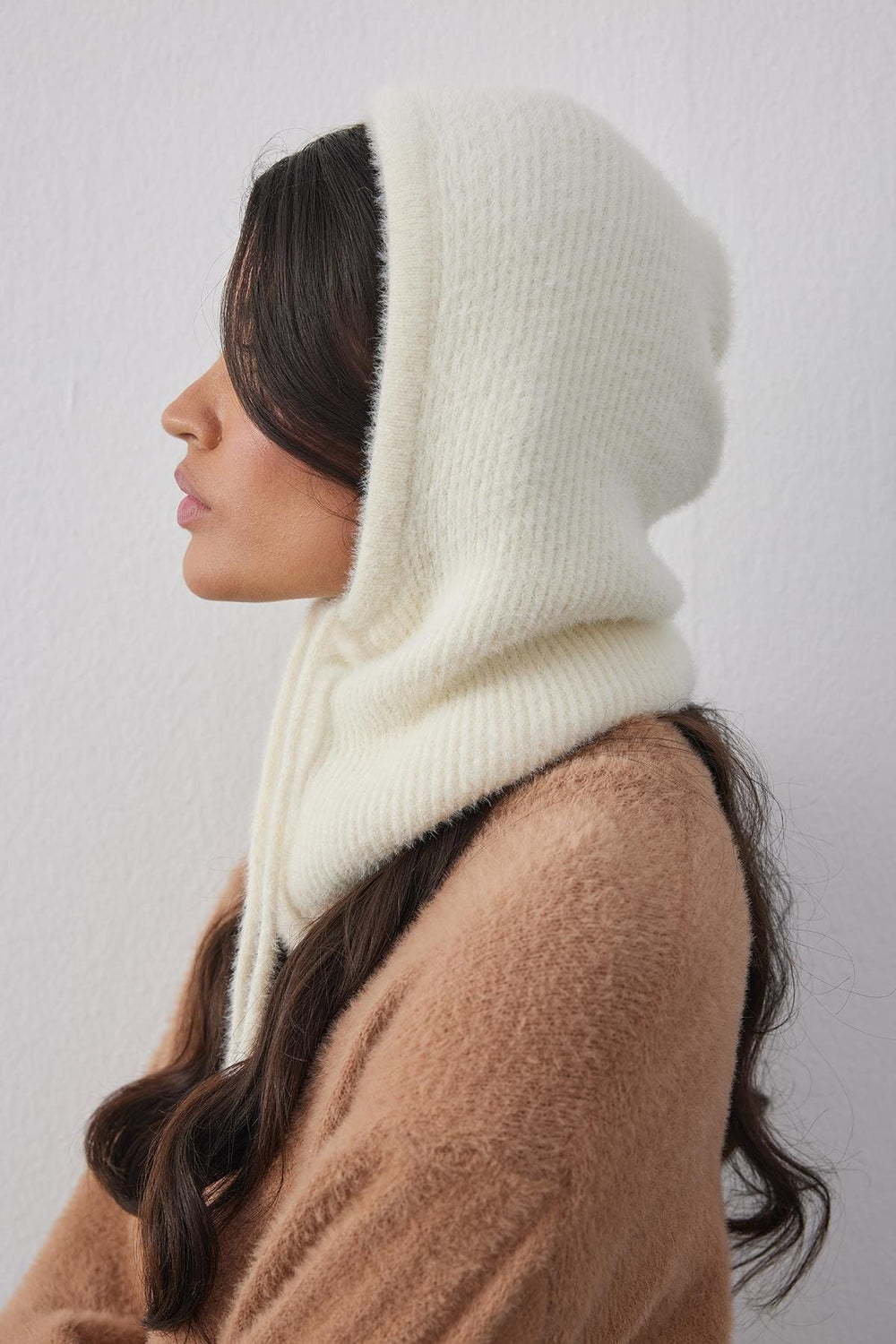 Soft Thin Knit Balaclava Beanie Ecru