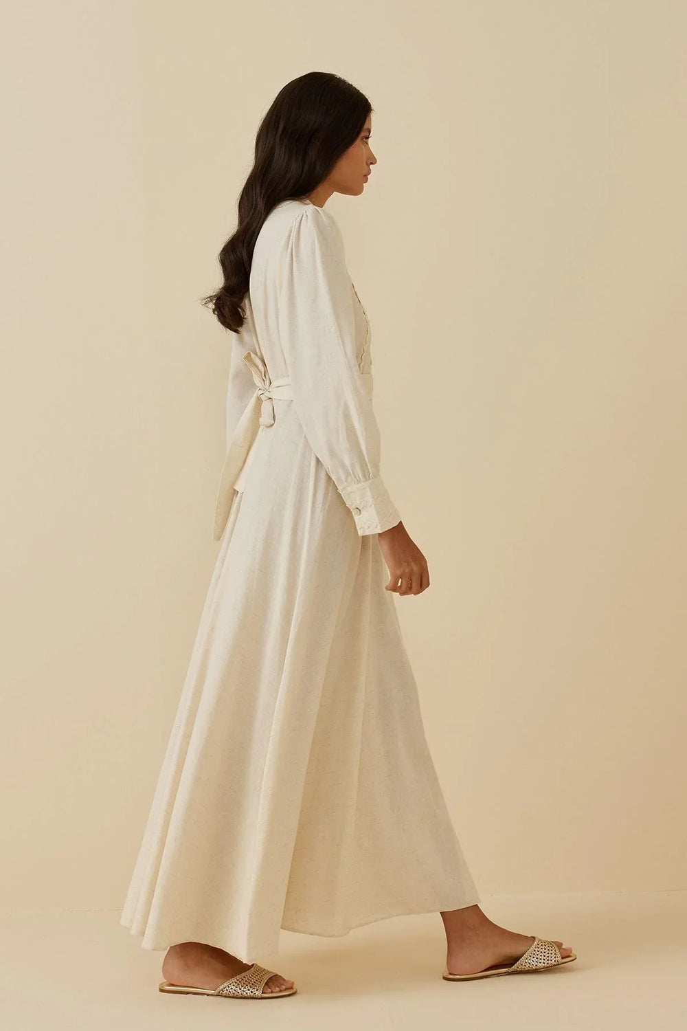 Beige Linen Dress with Water Stones
