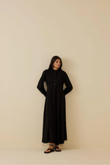 Su Taşlı Keten Elbise Siyah