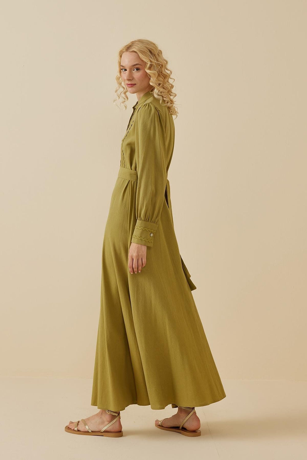 Green Linen Dress with Water Stones