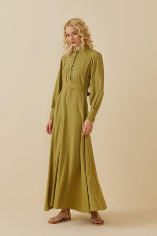 Su Taşlı Keten Elbise Yeşil - Fahhar Design