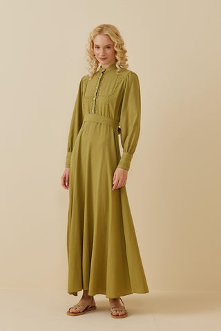 Su Taşlı Keten Elbise Yeşil - Fahhar Design