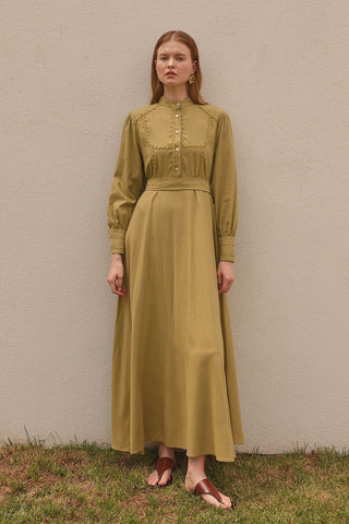 Su Taşlı Keten Elbise Yeşil - Fahhar Design
