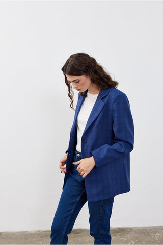 Tek Düğmeli Oversize Blazer Lacivert Ekoseli Kareli