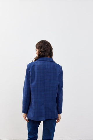 Tek Düğmeli Oversize Blazer Lacivert Ekoseli Kareli