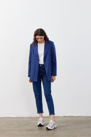 Tek Düğmeli Oversize Blazer Lacivert Ekoseli Kareli