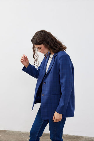 Tek Düğmeli Oversize Blazer Lacivert Ekoseli Kareli
