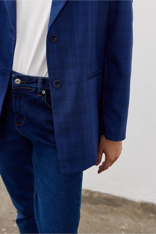 Tek Düğmeli Oversize Blazer Lacivert Ekoseli Kareli