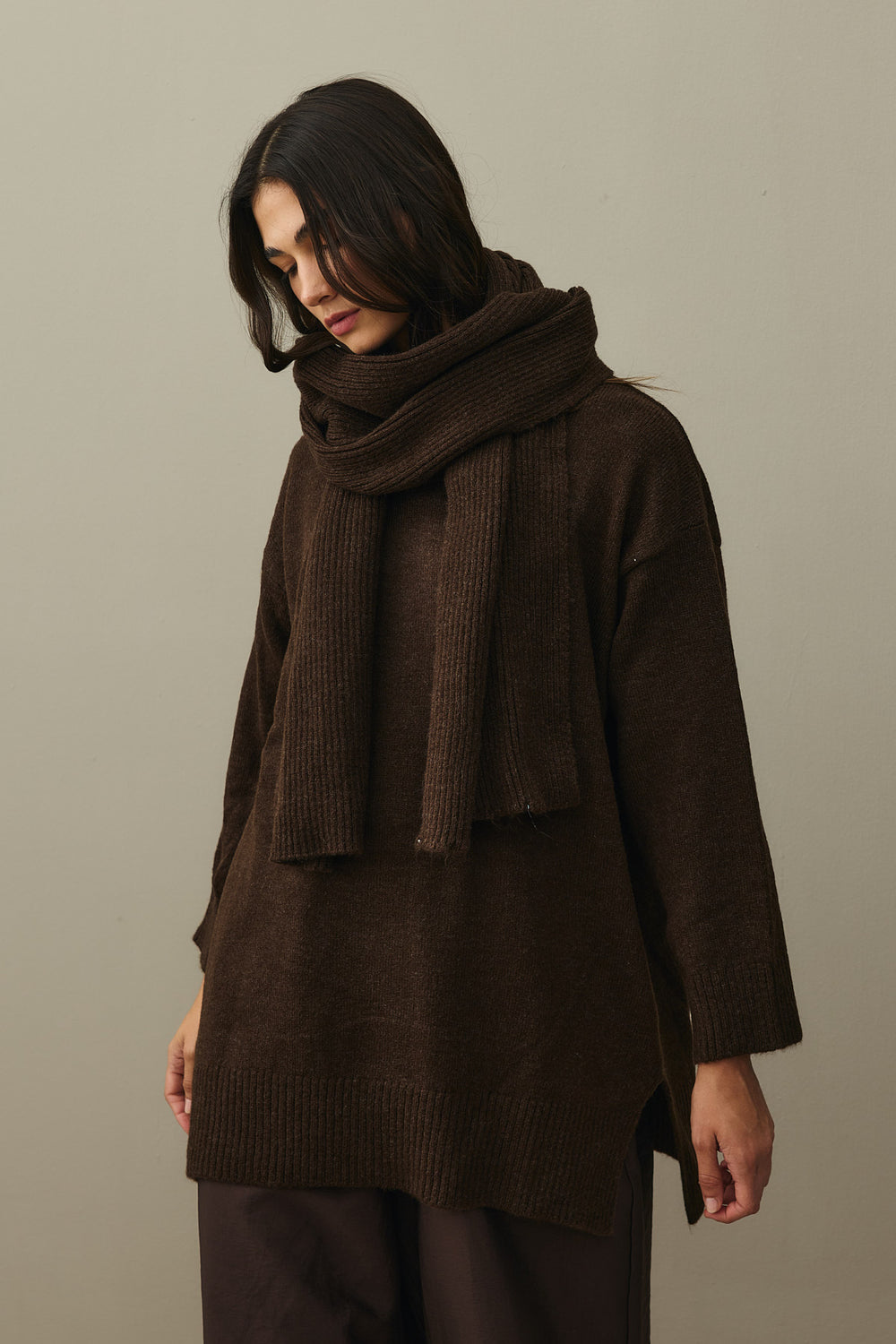Mohair Blend Scarf Sweater Brown
