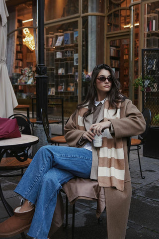 Tiftik Karışımlı Çizgili Atkı Bej - Fahhar Design