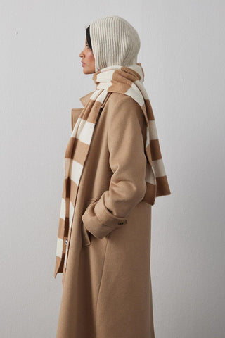 Tiftik Karışımlı Çizgili Atkı Bej - Fahhar Design