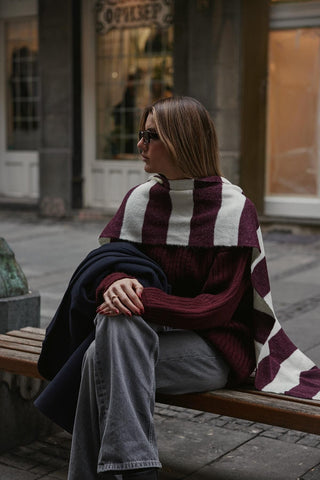 Tiftik Karışımlı Çizgili Atkı Bordo - Fahhar Design