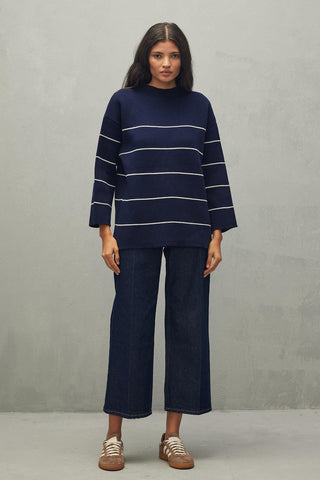Tiftikli Oversize Çizgili Kazak Lacivert - Fahhar Design