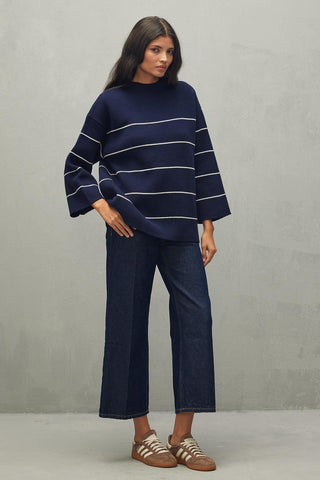 Tiftikli Oversize Çizgili Kazak Lacivert - Fahhar Design