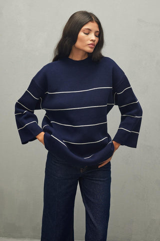 Tiftikli Oversize Çizgili Kazak Lacivert - Fahhar Design