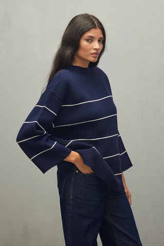 Tiftikli Oversize Çizgili Kazak Lacivert - Fahhar Design