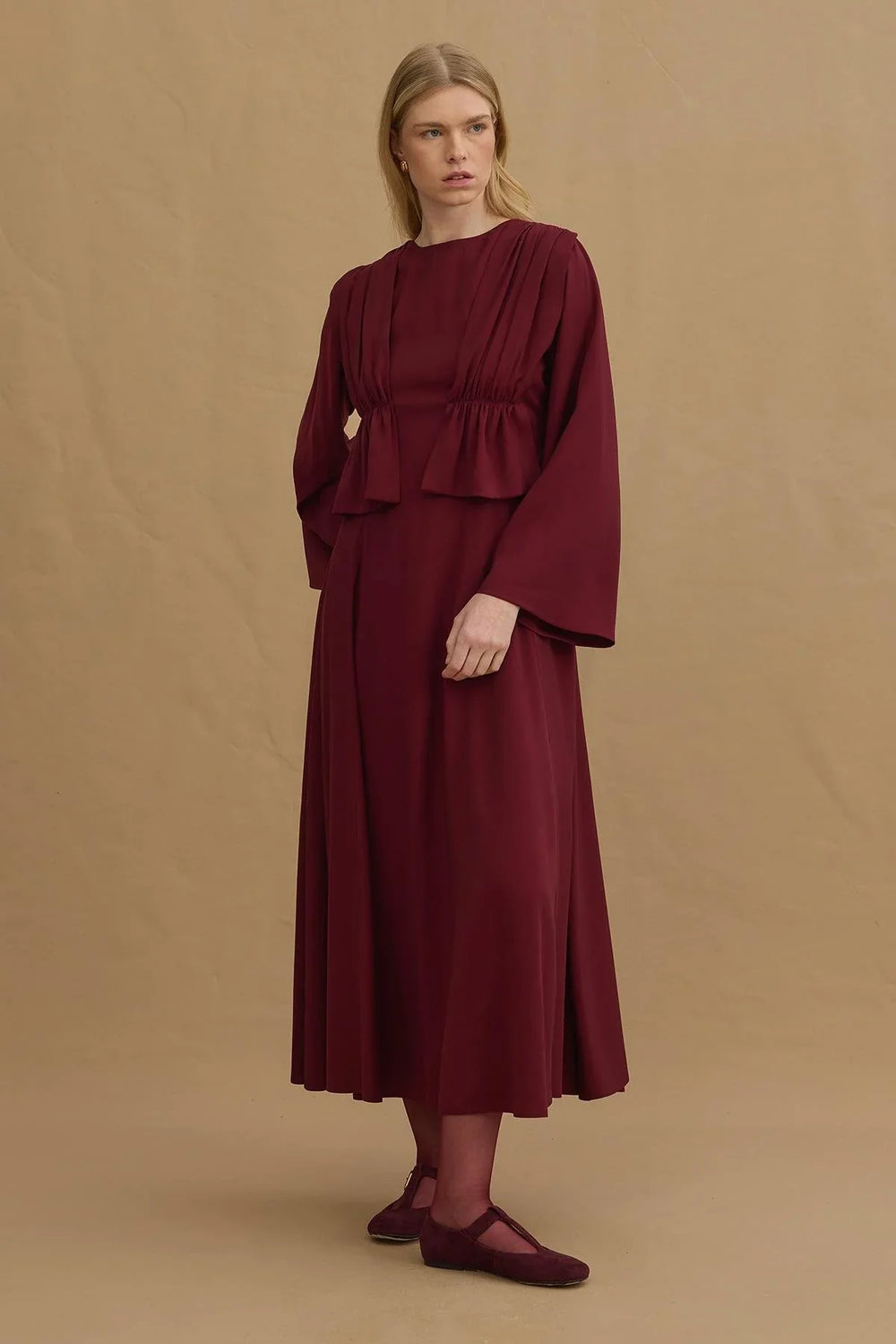 Partial Tencel Dress Burgundy