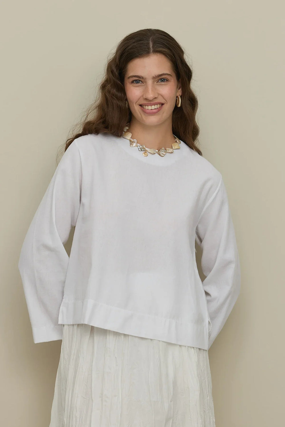 Long Sleeve Basic Linen Top Ecru