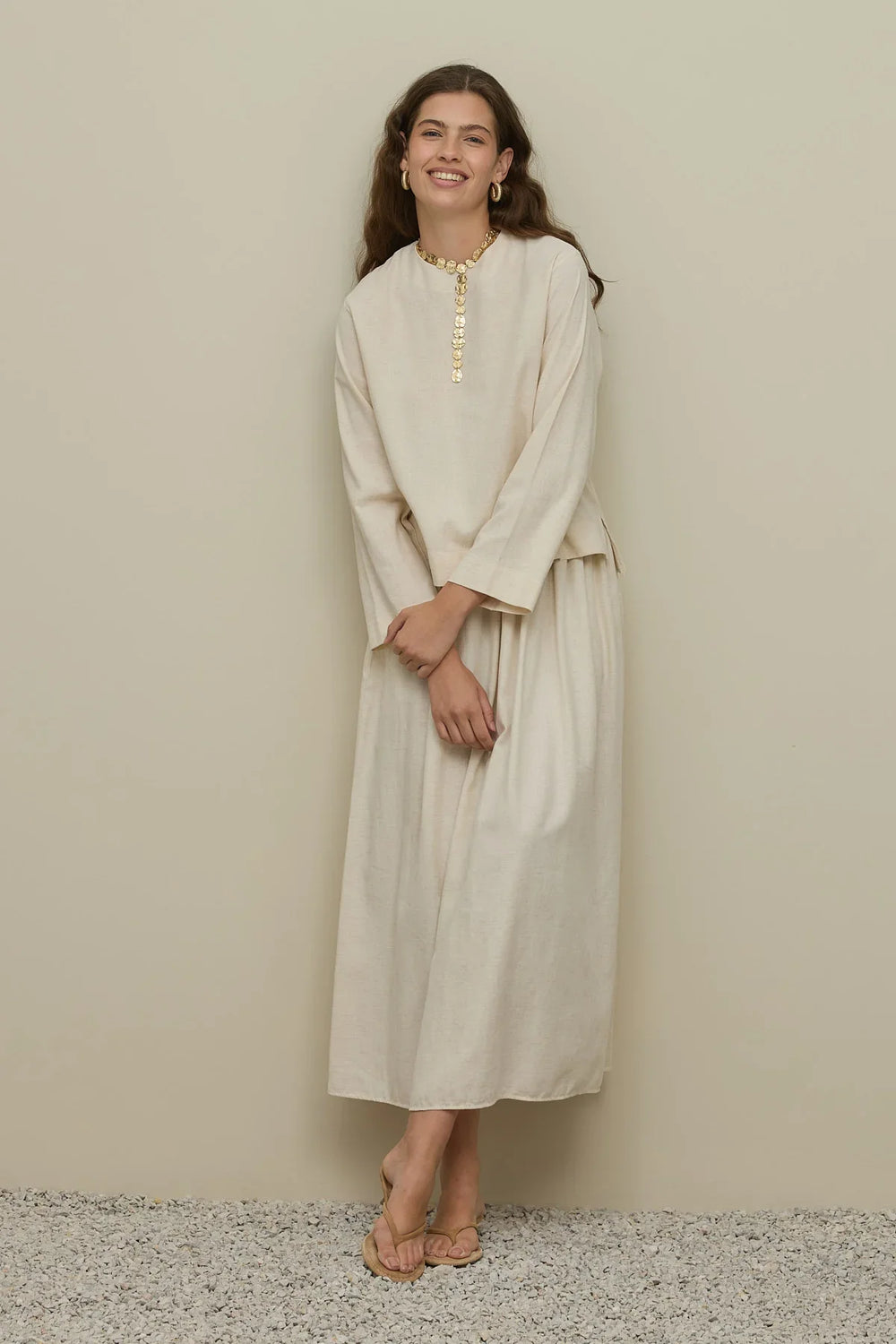 Long Sleeve Basic Linen Top Natural