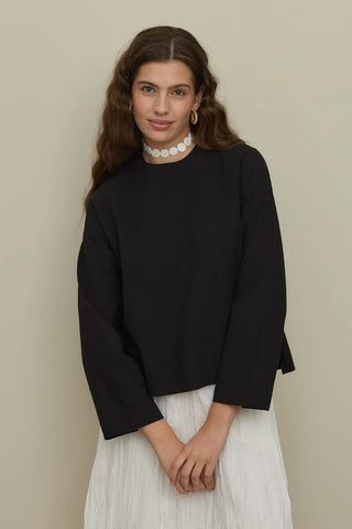 Uzun Kollu Basic Keten Üst Siyah