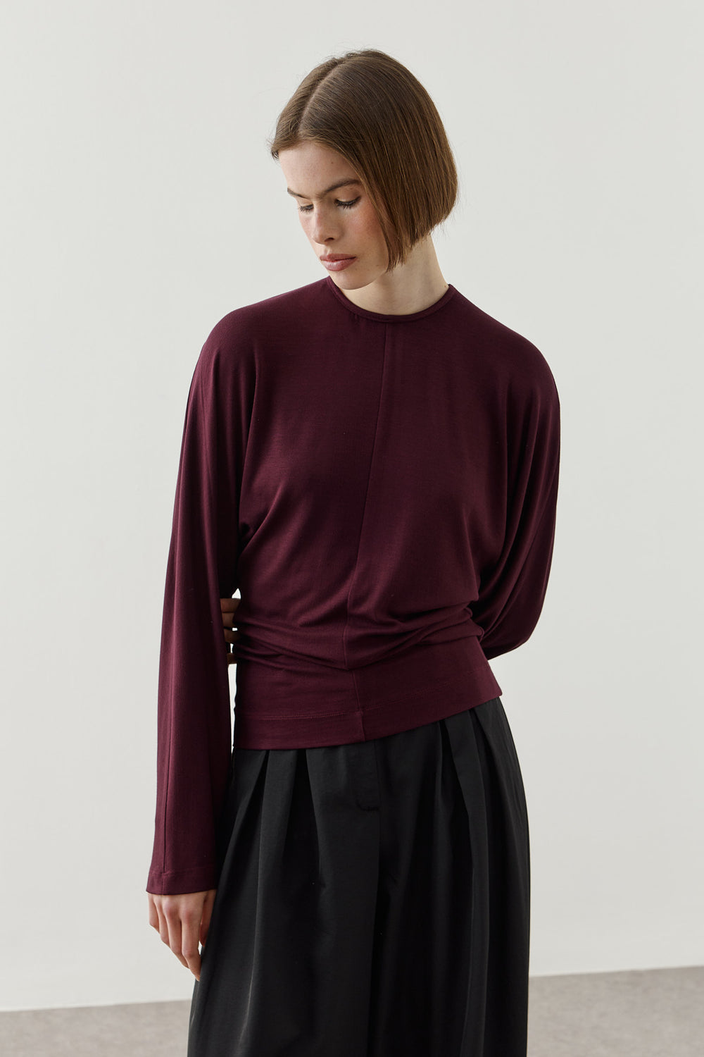 Uzun Kollu Drape Bluz Mürdüm