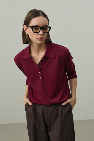 Uzun Kollu Polo Yaka Triko Bordo
