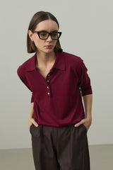 Uzun Kollu Polo Yaka Triko Bordo