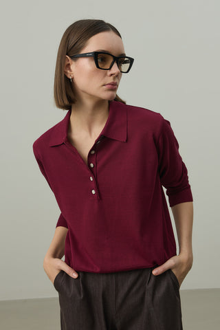 Uzun Kollu Polo Yaka Triko Bordo