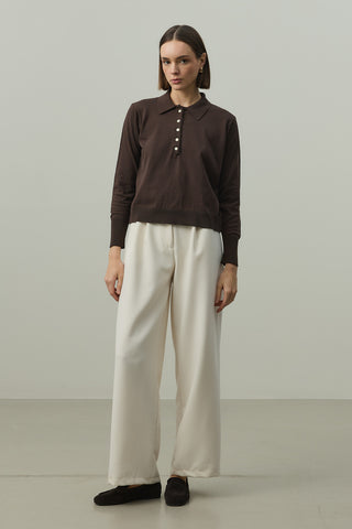 Uzun Kollu Polo Yaka Triko Kahverengi