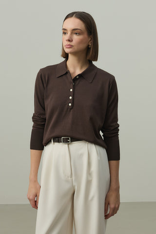 Uzun Kollu Polo Yaka Triko Kahverengi