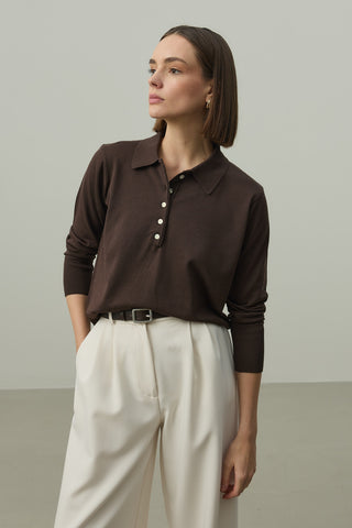 Uzun Kollu Polo Yaka Triko Kahverengi