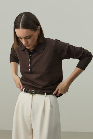 Uzun Kollu Polo Yaka Triko Kahverengi